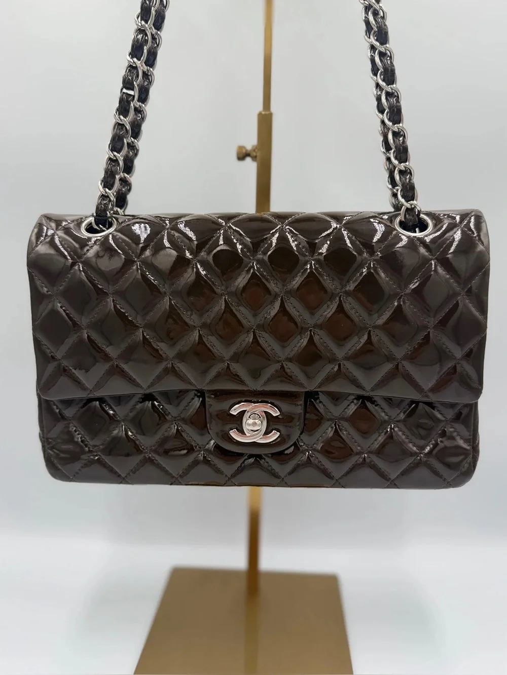 Chanel Classic Medium Double Flap — Dark Brown Patent Silver HW